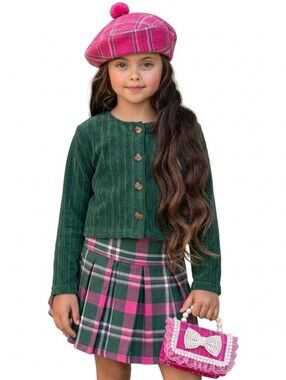 BTWEEN 12 $56 MSRP Girls Green & Pink Plaid Matching Set - Top and Skirt
